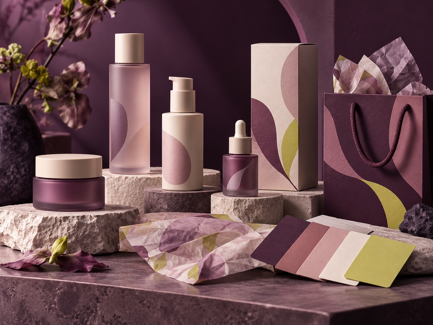 Premium packaging, color palette, and printed pieces for a fictional brand identity