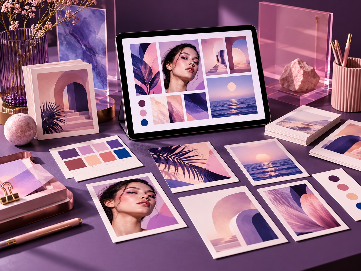 Canva campaign layouts and printed social design mockups in violet and rose