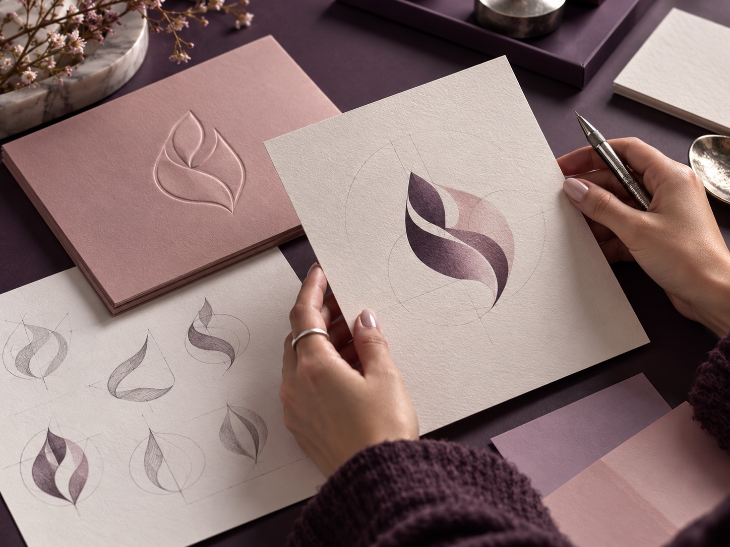 A designer refining an abstract logo symbol on textured stationery