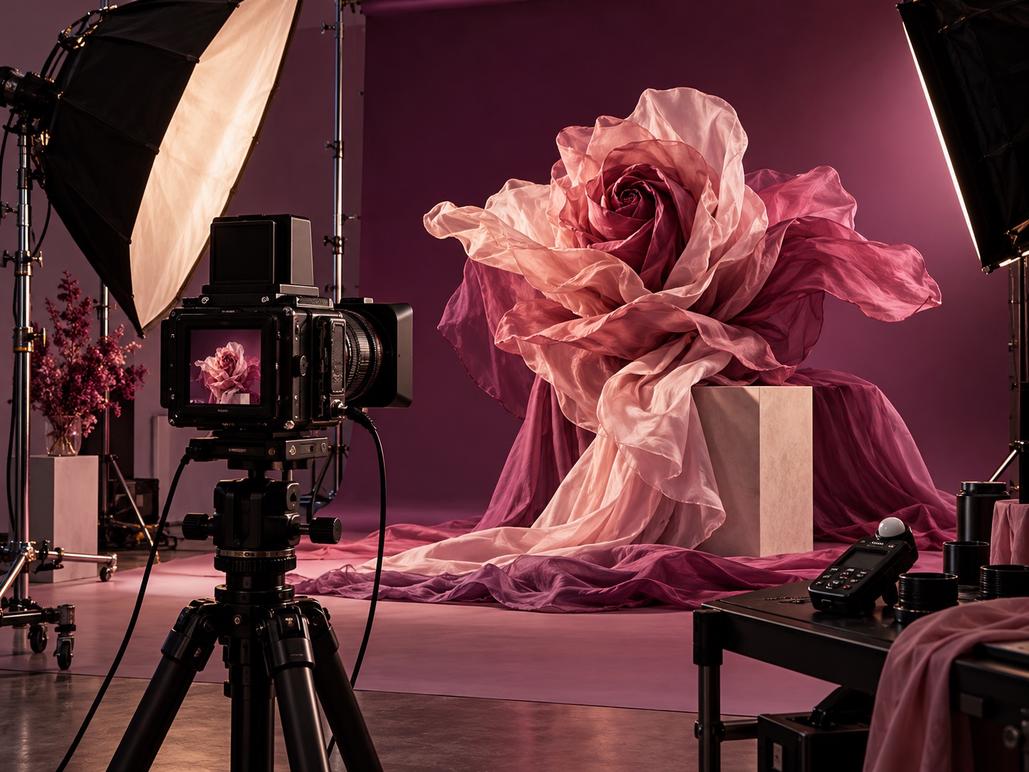 Professional campaign photo studio with camera, lighting, and sculptural rose fabric