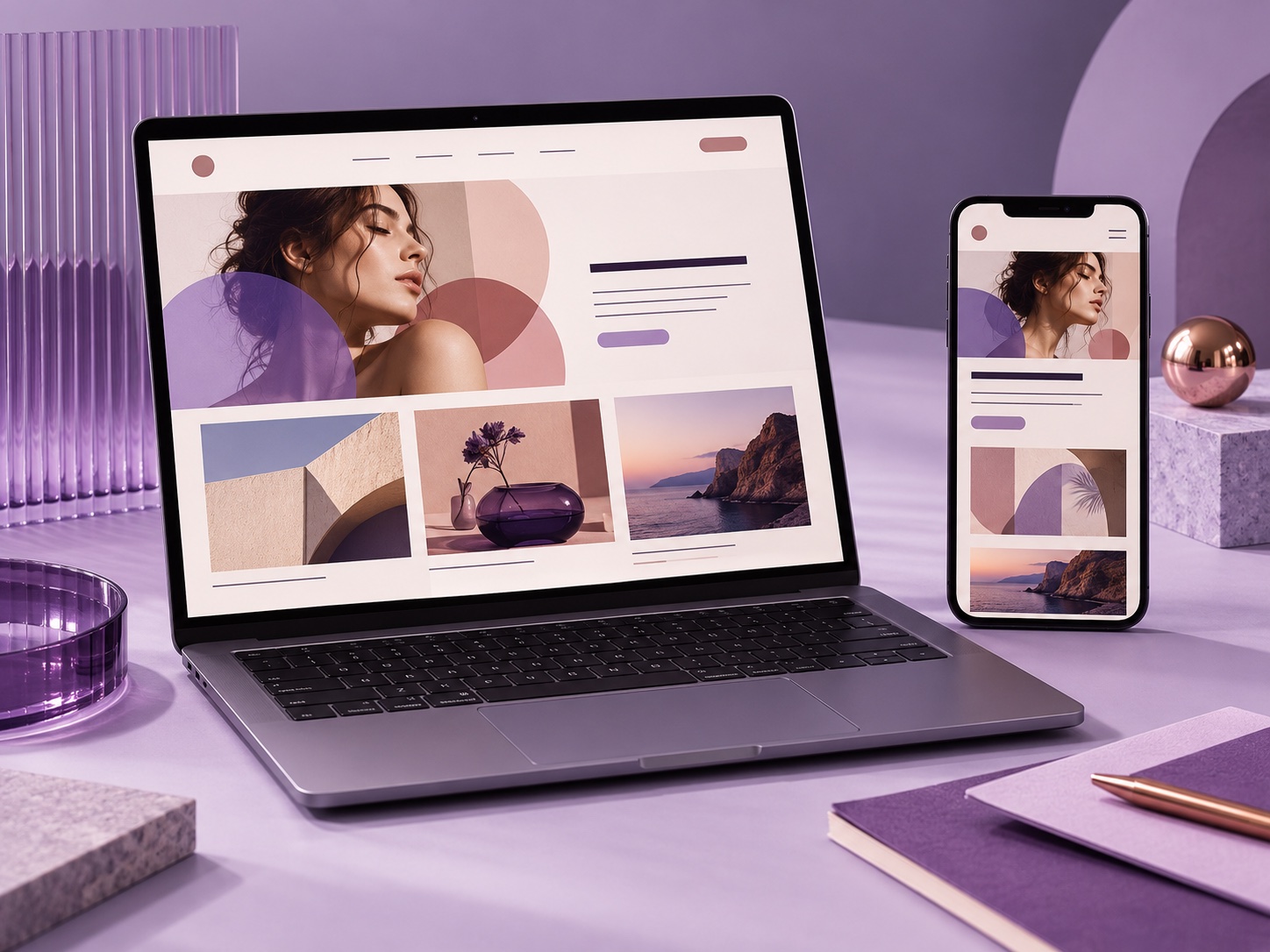 Coordinated editorial website designs displayed on a laptop and phone