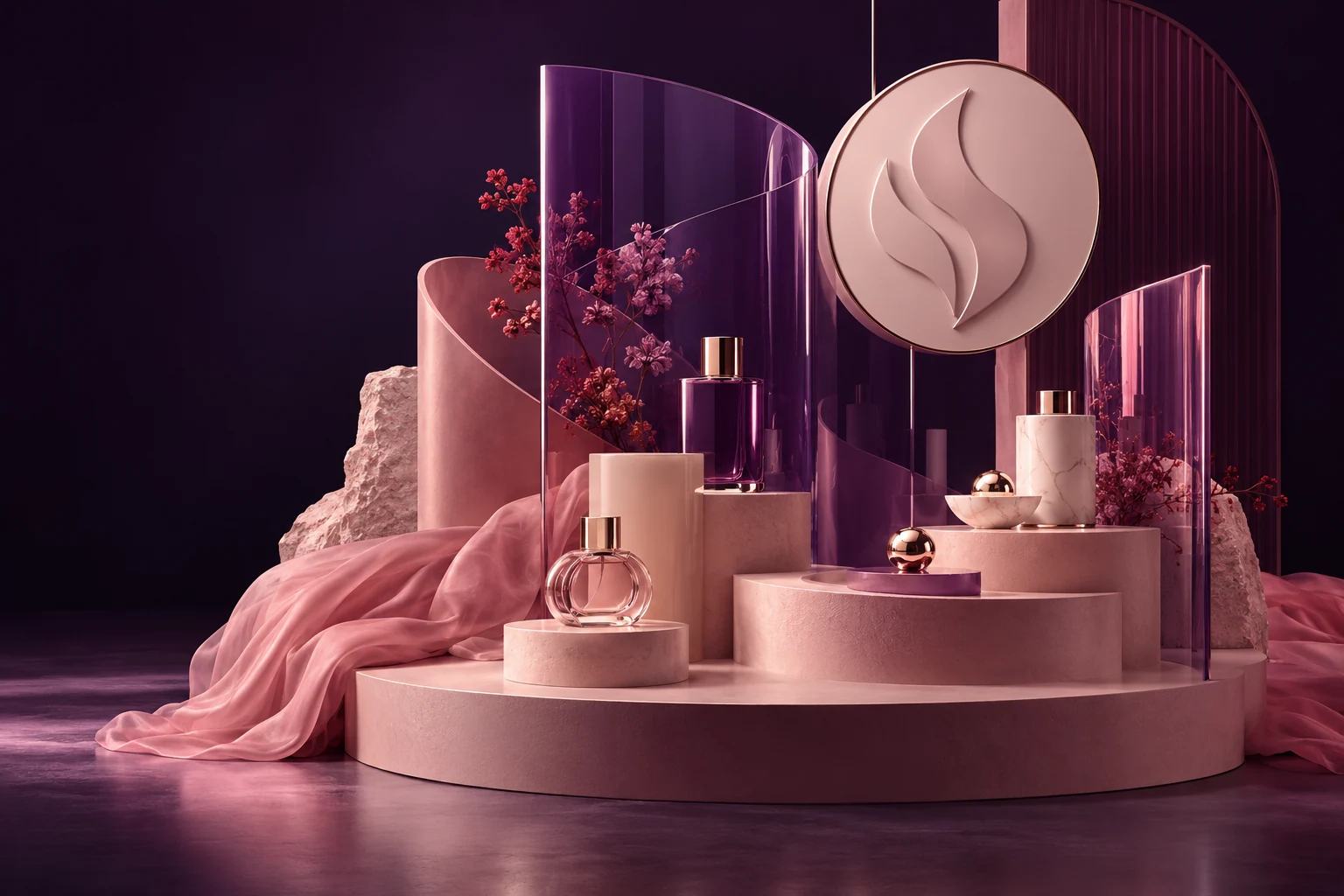 A sculptural branded environment with rose and violet details