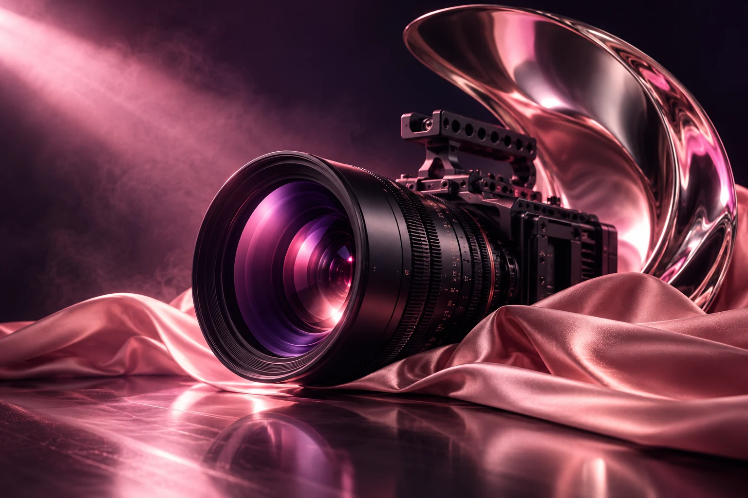 Cinematic campaign production in a rose-lit studio