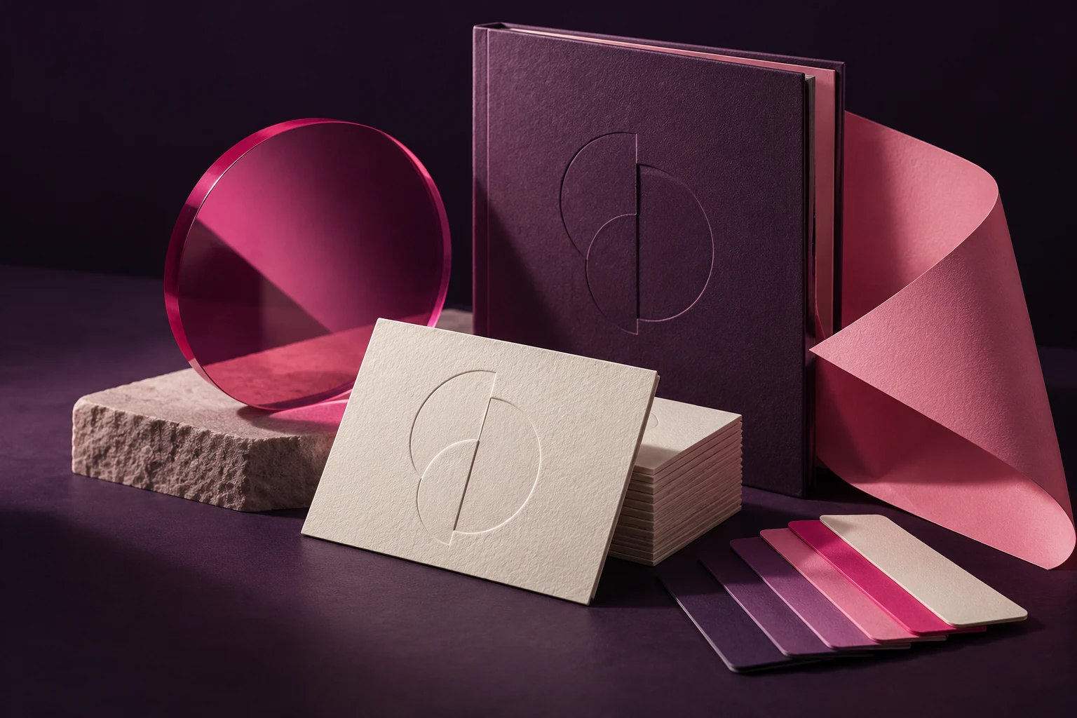 Brand identity materials arranged as a considered visual system