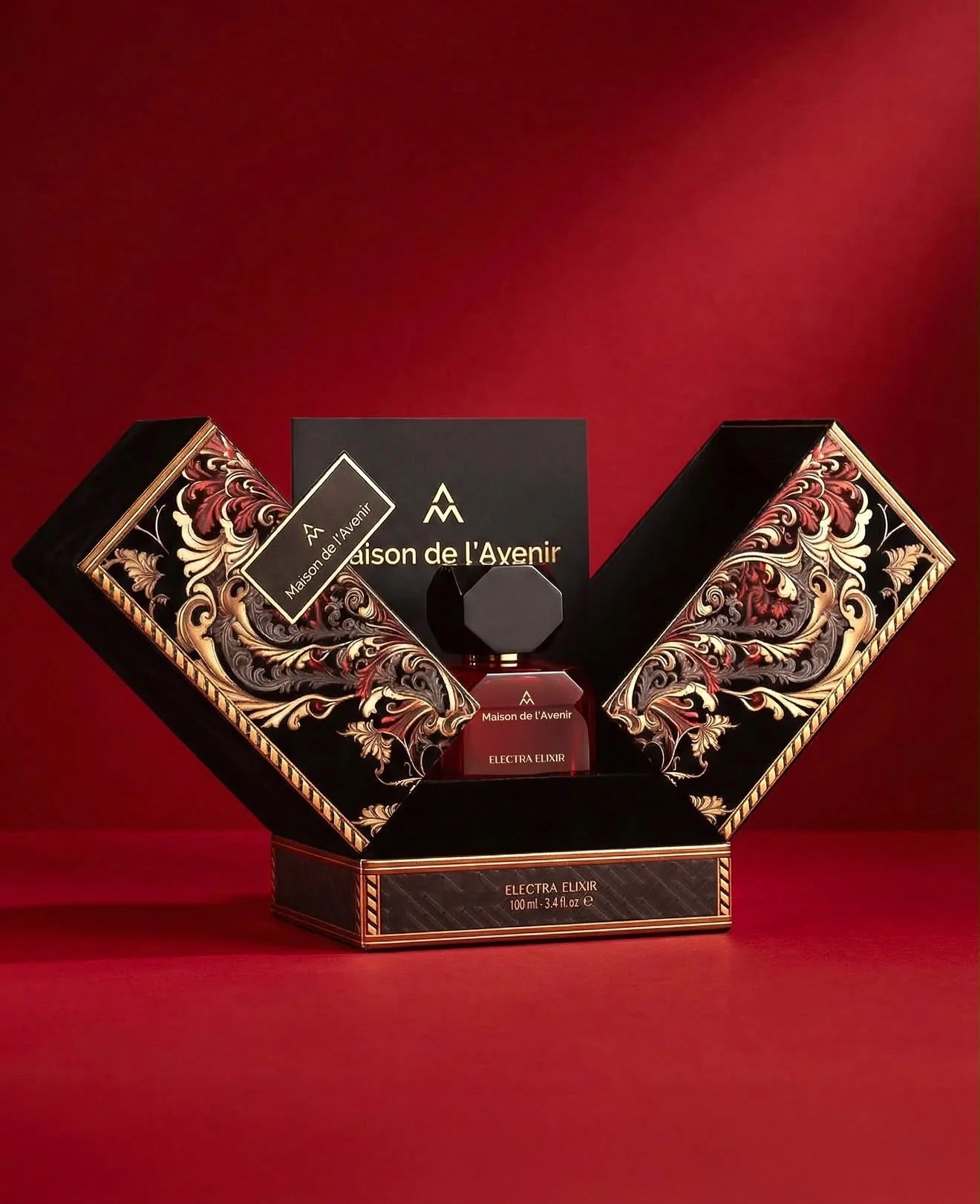 Ornate Electra Elixir packaging on a red background